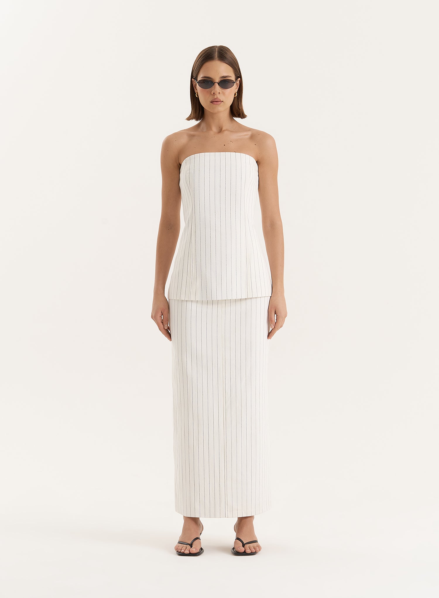 White Pinstripe Tailored Denim Maxi Skirt